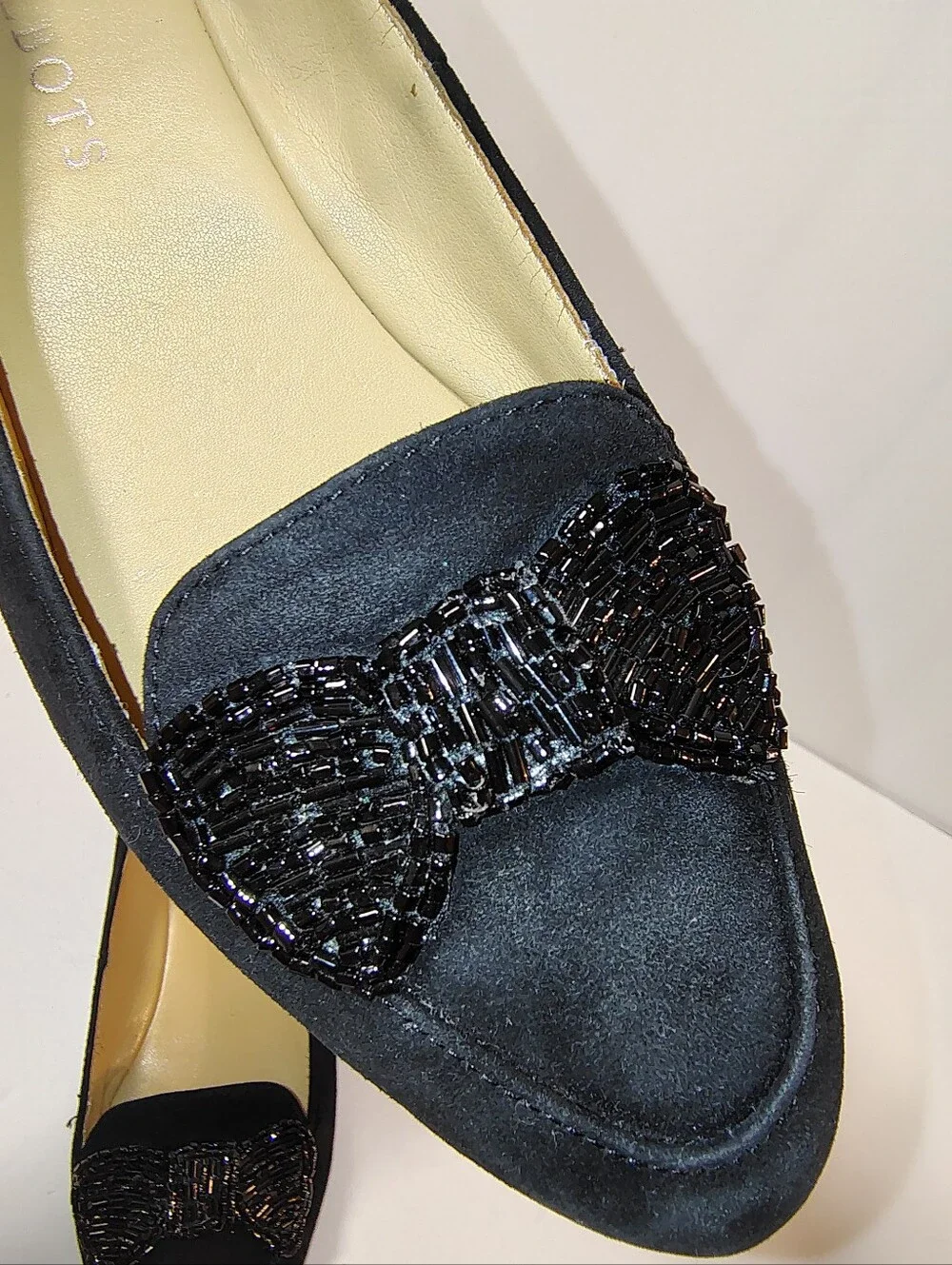 Talbots Women's Francesca Beaded Bow Suede Driving Moccasins Slip-On Flat Black